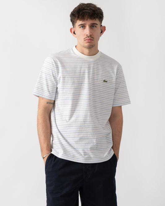 studio shot of a model wearing Lacoste Stripe Mens Classic Fit T-Shirt in Phoenix Blue-Flour