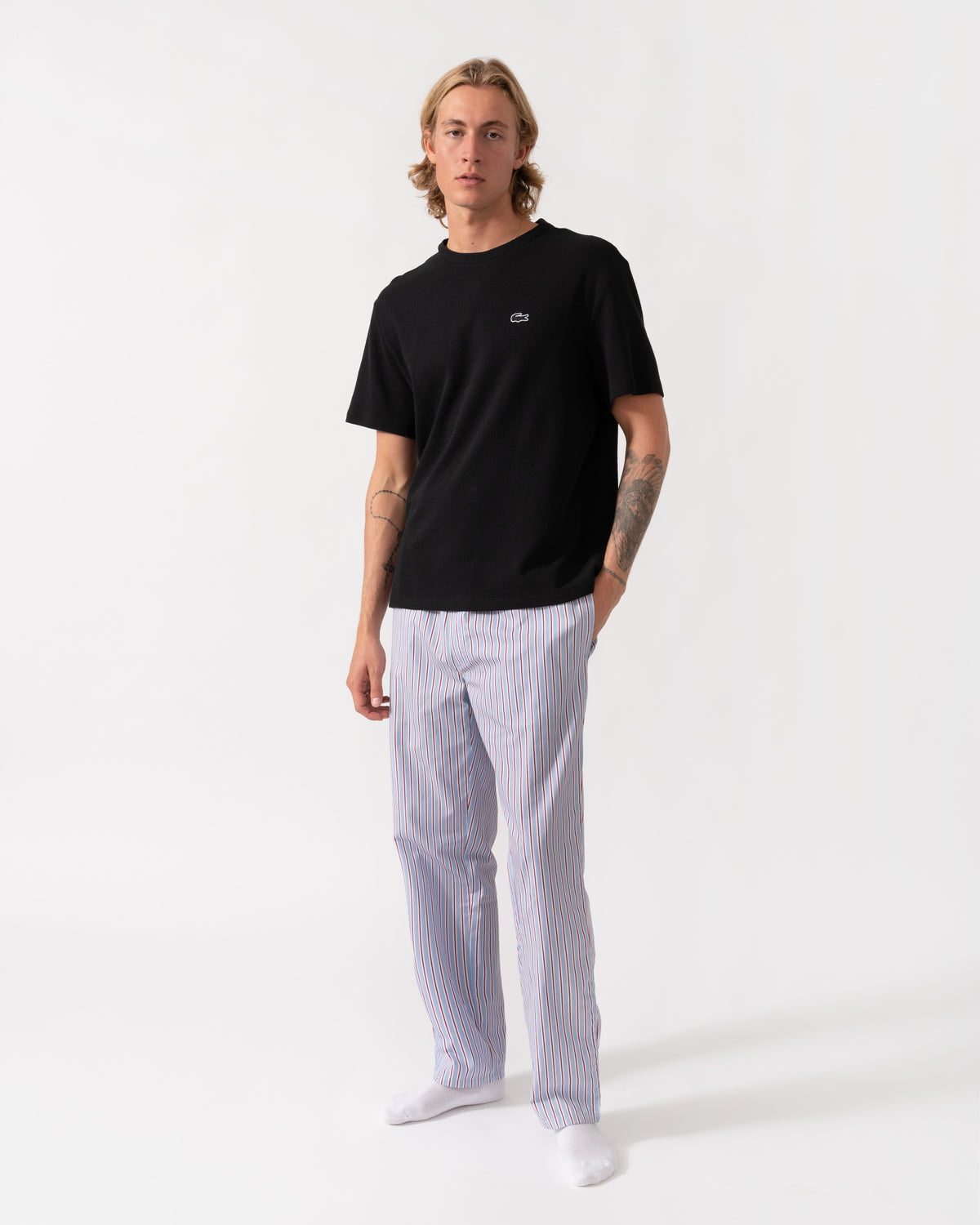 Lacoste Striped Poplin Loungeware Mens Pyjama Pants - Aphylla/White/Bordeaux UZI
