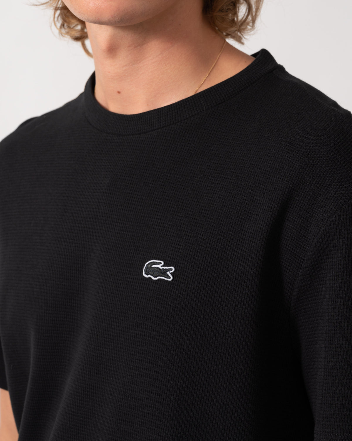 Close up on the Lacoste Waffled Cotton Mens Loungewear T-Shirt - Black 031