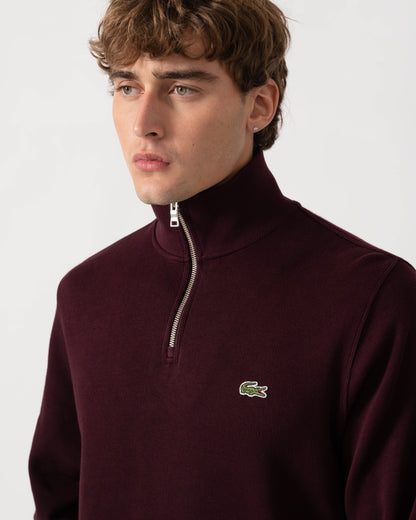 Collar detail of Lacoste Mens Zippered Stand-Up Collar Cotton Sweatshirt - Chestnut Brown 3KE