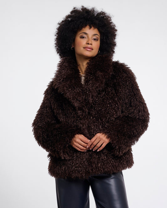 Rino & Pelle Lias Womens Faux Fur Jacket With Revere Collar - Coffee Roast