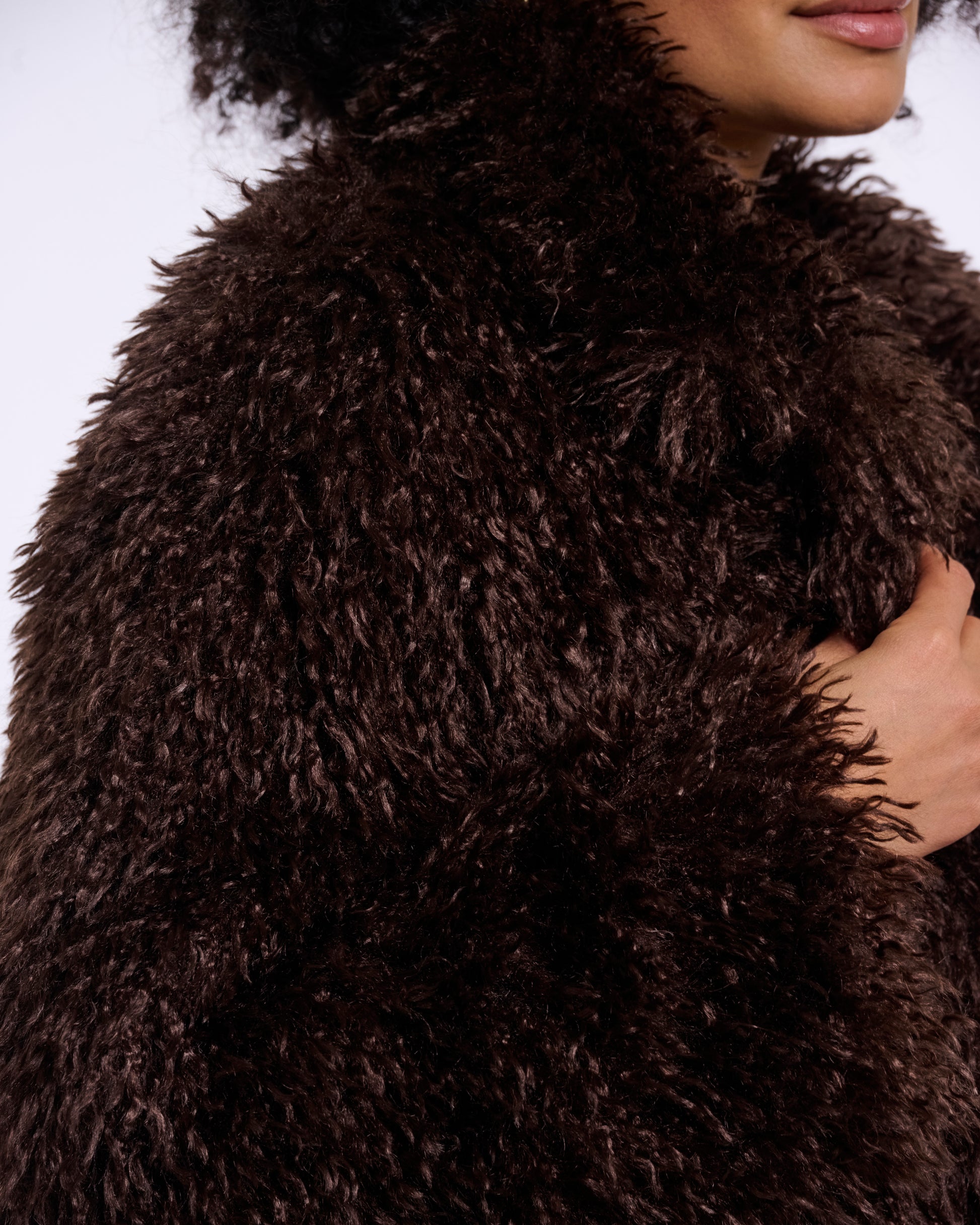 Rino & Pelle Lias Womens Faux Fur Jacket With Revere Collar - Coffee Roast | CHO | Designer Womens faux fur jacket