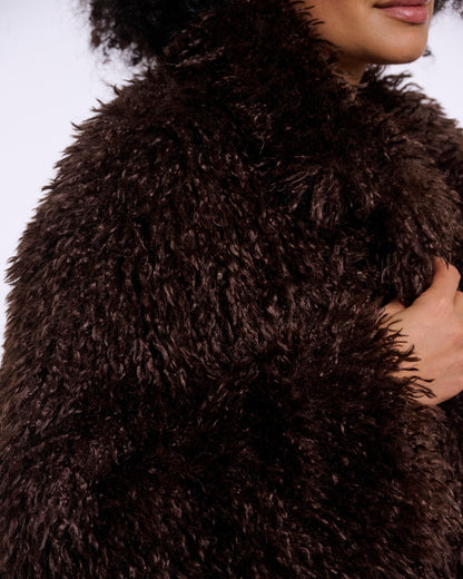 Rino & Pelle Lias Womens Faux Fur Jacket With Revere Collar - Coffee Roast | CHO | Designer Womens faux fur jacket