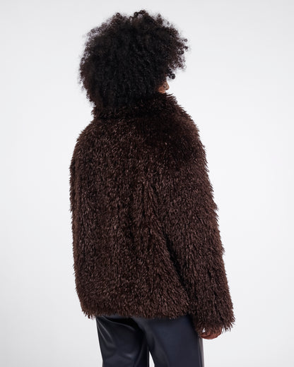 Rino & Pelle Lias Womens Faux Fur Jacket With Revere Collar - Coffee Roast | CHO | Designer Womens faux fur jacket
