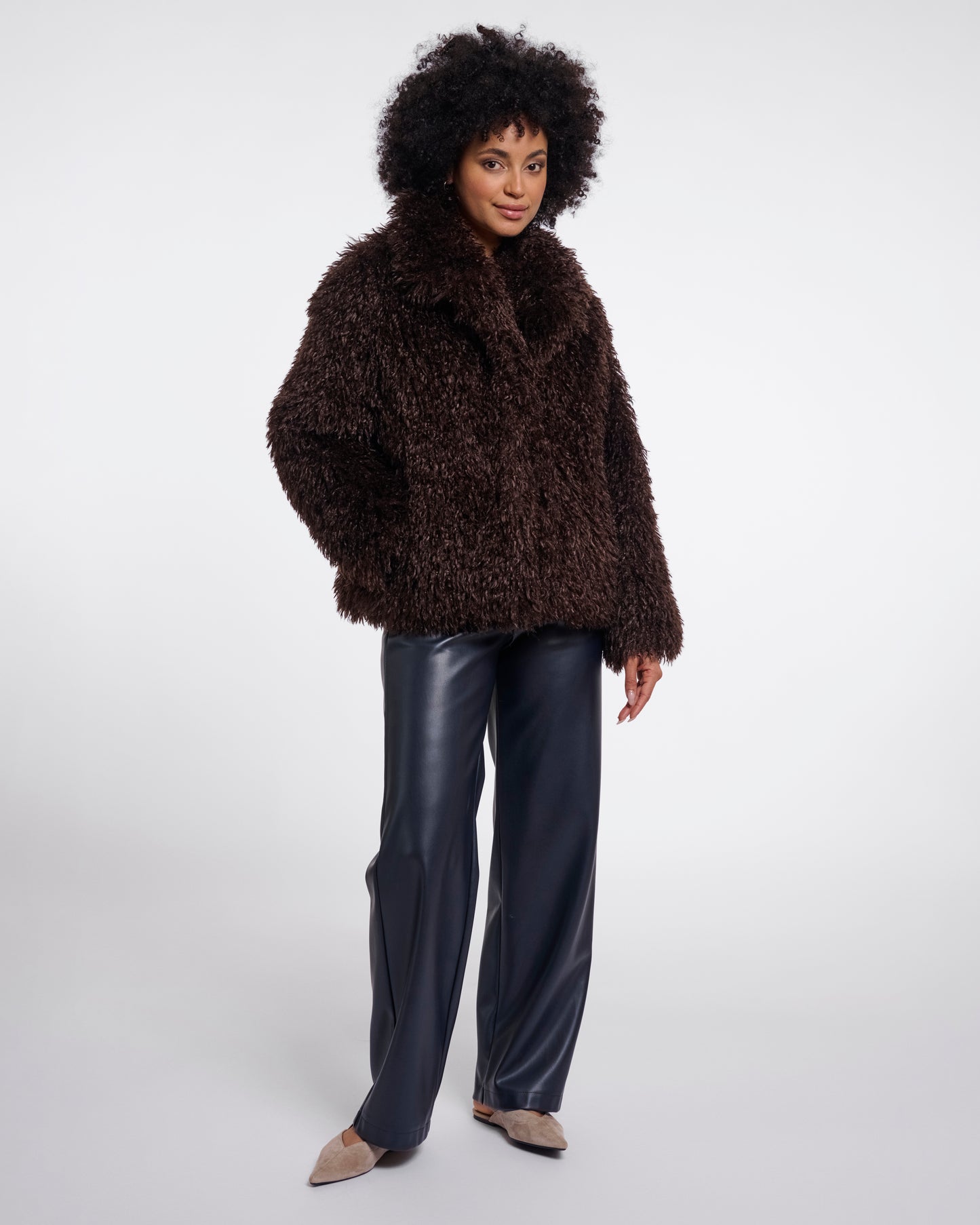 Rino & Pelle Lias Womens Faux Fur Jacket With Revere Collar - Coffee Roast | CHO | Designer Womens faux fur jacket