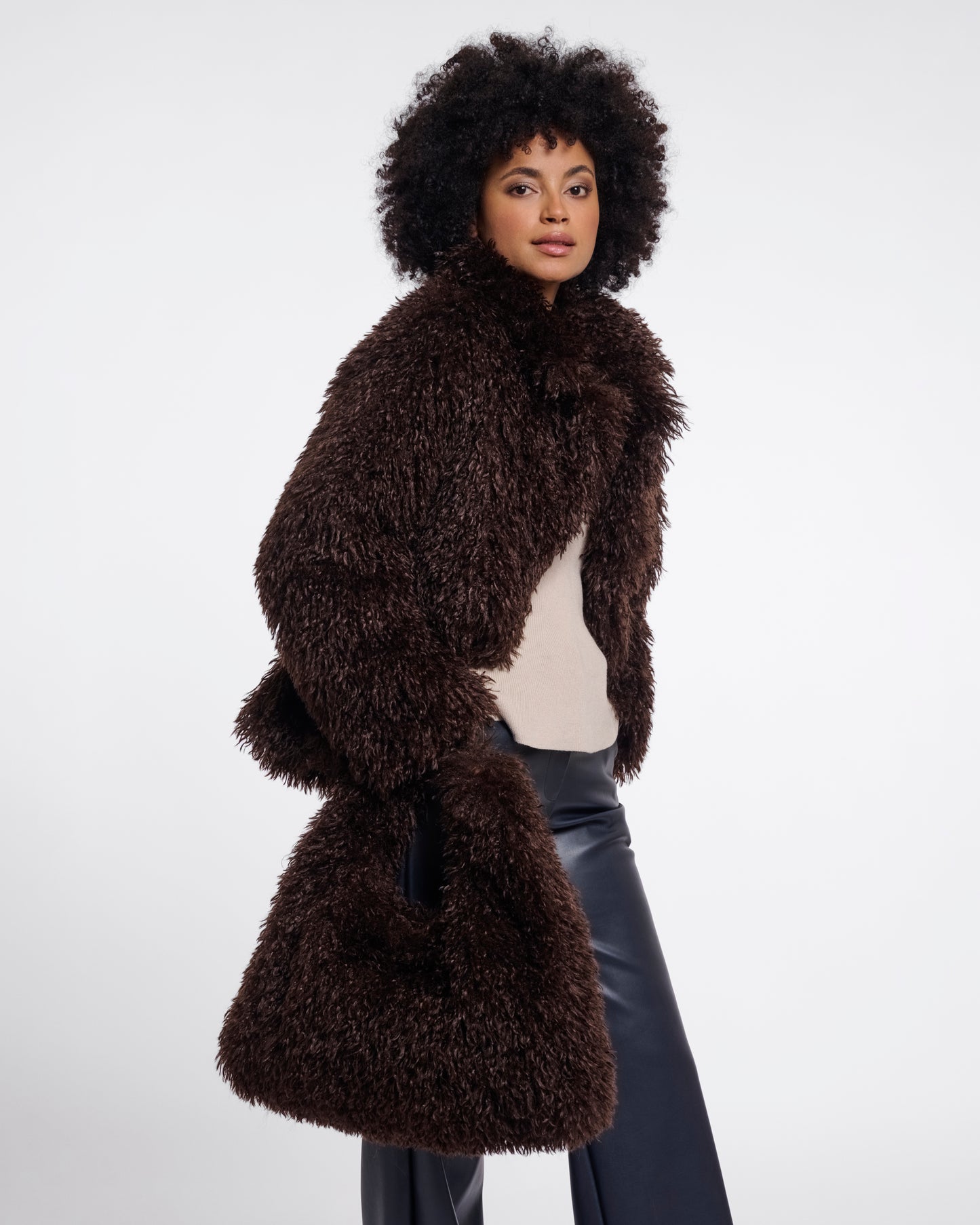 Rino & Pelle Lias Womens Faux Fur Jacket With Revere Collar - Coffee Roast | CHO | Designer Womens faux fur jacket