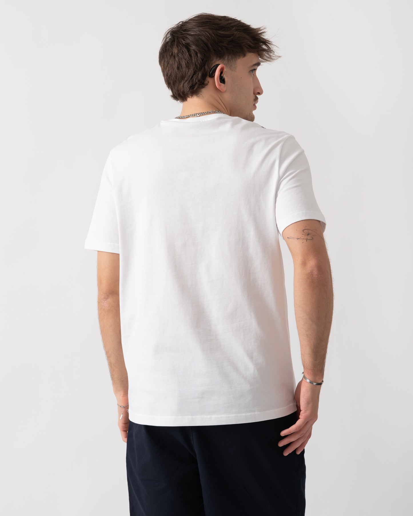 back shot of a model wearing a Lyle & Scott Check Panelled Mens T-Shirt in 626 White