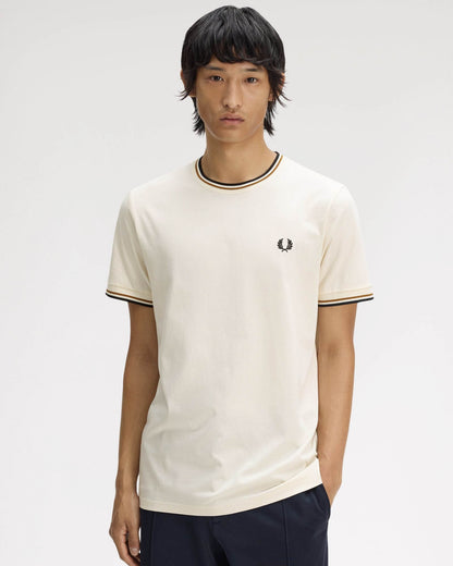 Fred Perry Mens Twin Tipped T-Shirt - Ecru/Dark Caramel/Black 79B | CHO | Designer Mens Short Sleeve T-Shirts & Tops