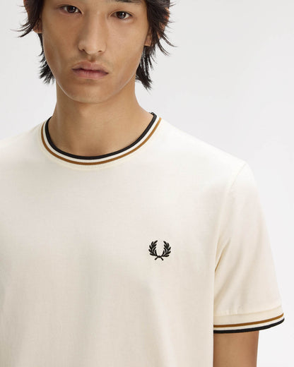 Fred Perry Mens Twin Tipped T-Shirt - Ecru/Dark Caramel/Black 79B | CHO | Designer Mens Short Sleeve T-Shirts & Tops
