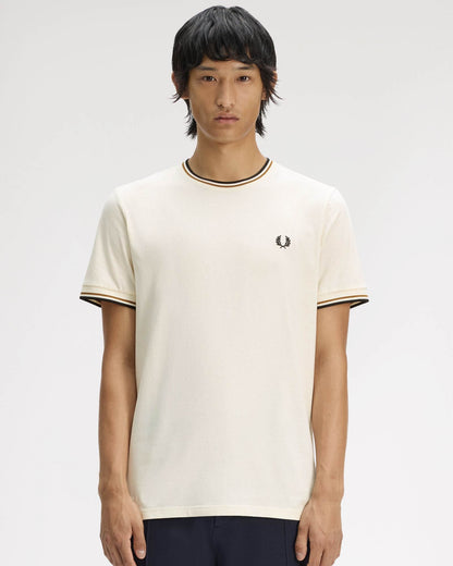 Fred Perry Mens Twin Tipped T-Shirt - Ecru/Dark Caramel/Black 79B | CHO | Designer Mens Short Sleeve T-Shirts & Tops