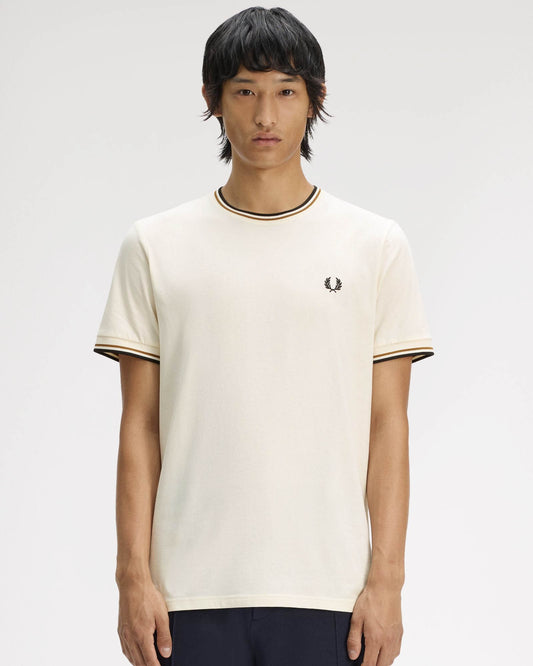 Fred Perry Mens Twin Tipped T-Shirt - Ecru/Dark Caramel/Black 79B | CHO | Designer Mens Short Sleeve T-Shirts & Tops