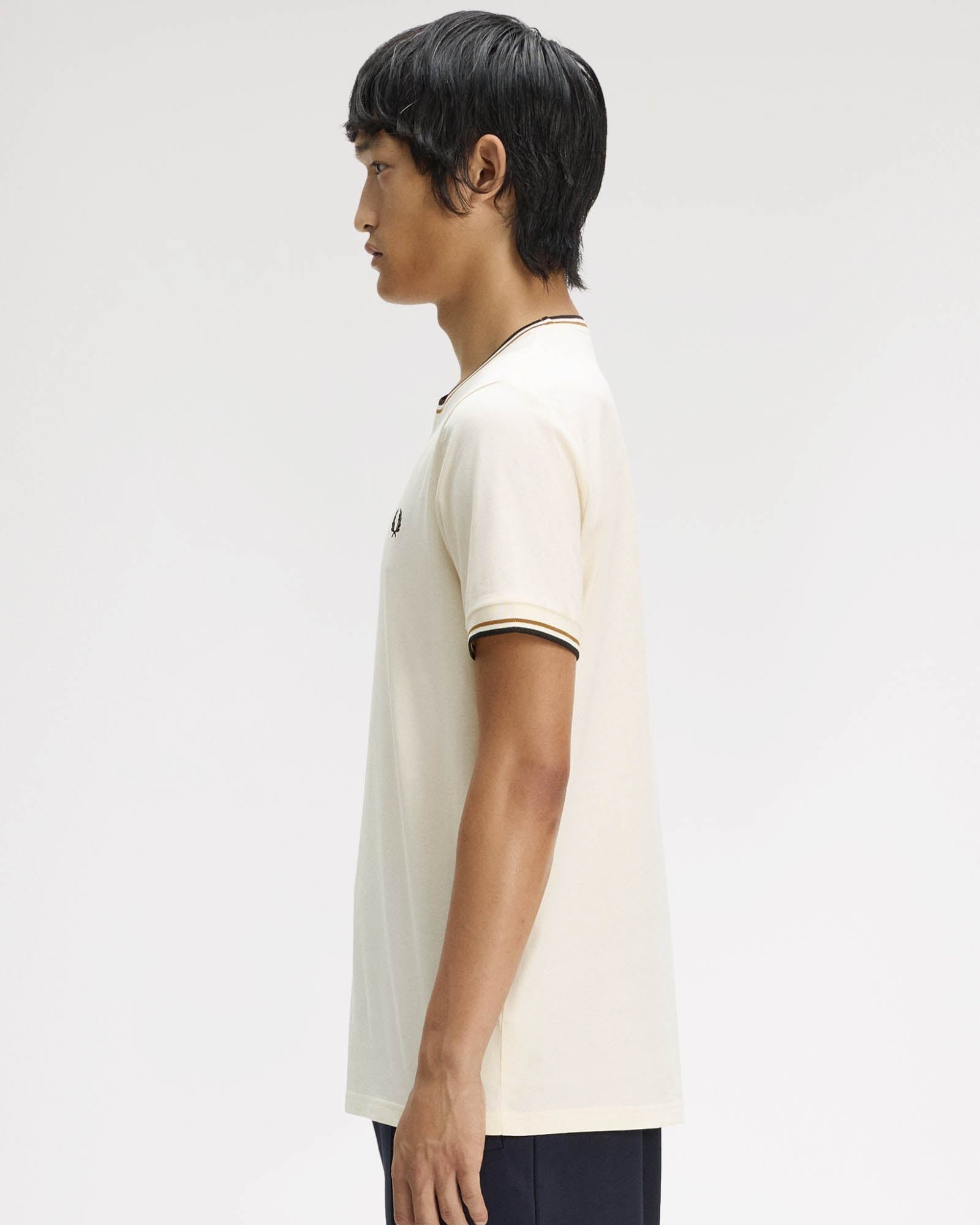 Fred Perry Mens Twin Tipped T-Shirt - Ecru/Dark Caramel/Black 79B | CHO | Designer Mens Short Sleeve T-Shirts & Tops