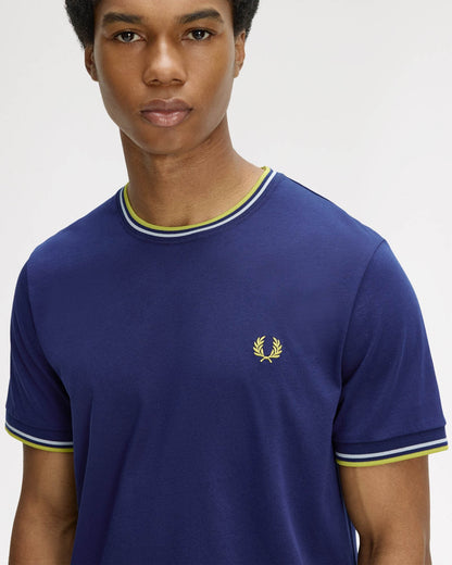 Fred Perry Mens Twin Tipped T-Shirt - French Navy/Dusky Blue/Citron 83B | CHO | Designer Mens Short Sleeve T-Shirts & Tops