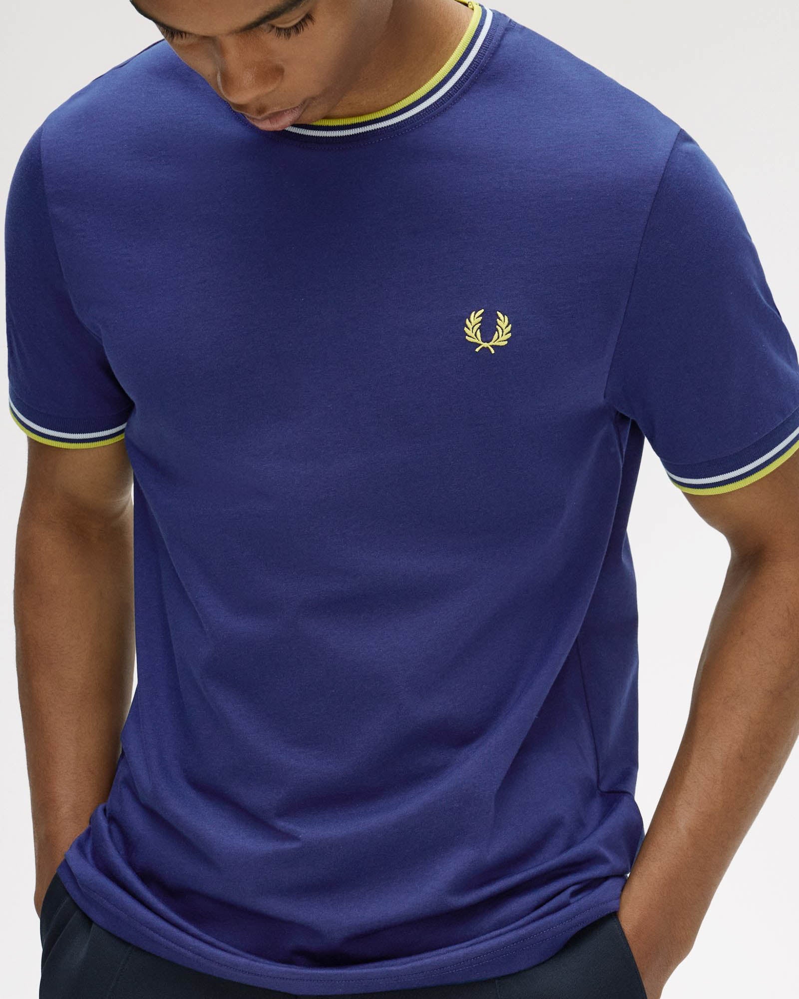 Fred Perry Mens Twin Tipped T-Shirt - French Navy/Dusky Blue/Citron 83B | CHO | Designer Mens Short Sleeve T-Shirts & Tops
