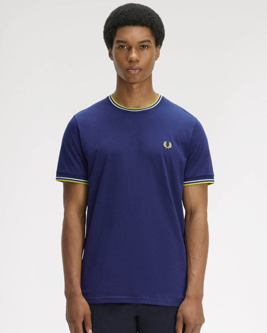 Fred Perry Mens Twin Tipped T-Shirt - French Navy/Dusky Blue/Citron 83B | CHO | Designer Mens Short Sleeve T-Shirts & Tops