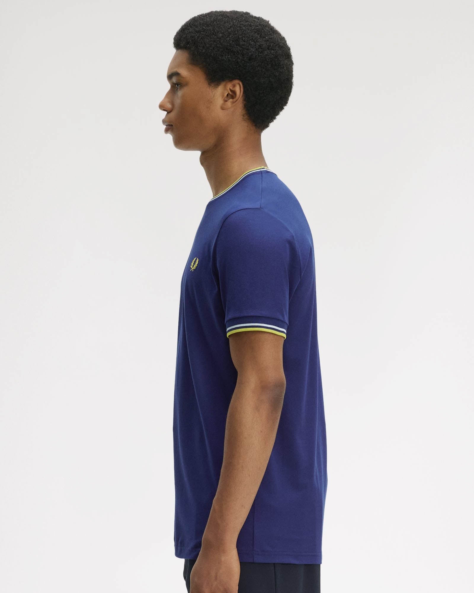 Fred Perry Mens Twin Tipped T-Shirt - French Navy/Dusky Blue/Citron 83B | CHO | Designer Mens Short Sleeve T-Shirts & Tops