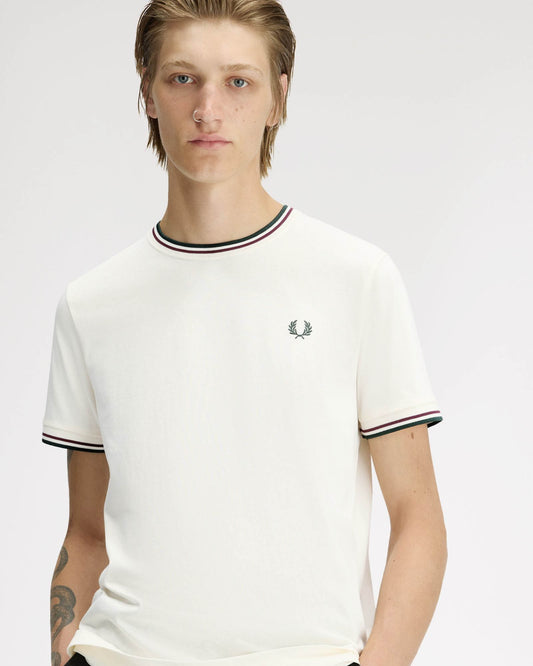 Fred Perry Mens Twin Tipped T-Shirt - Ecru/Oxblood/Grassroots 84A | CHO | Designer Mens Short Sleeve T-Shirts