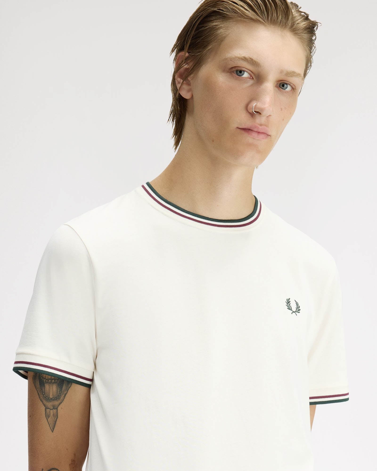 Fred Perry Mens Twin Tipped T-Shirt - Ecru/Oxblood/Grassroots 84A | CHO | Designer Mens Short Sleeve T-Shirts