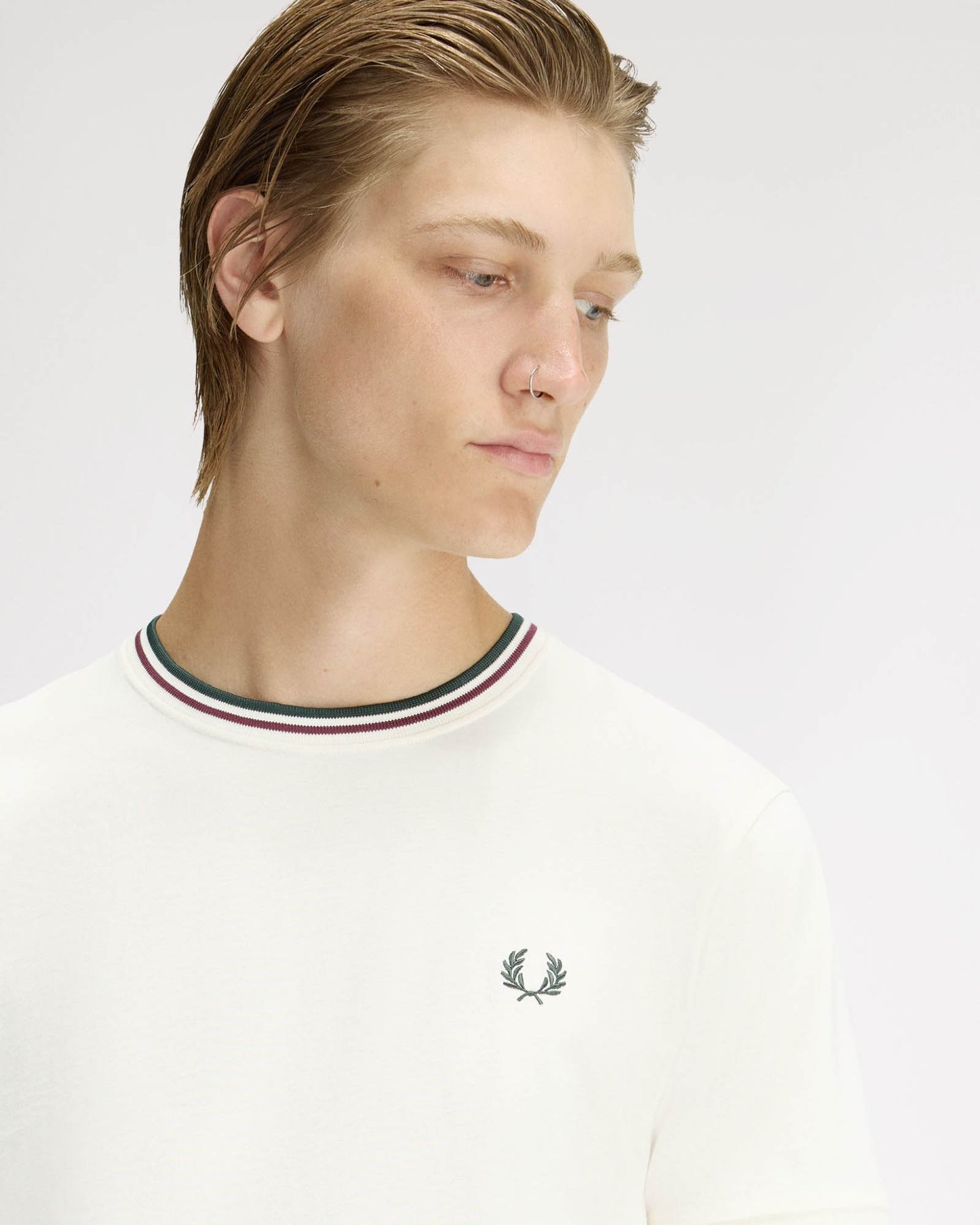 Fred Perry Mens Twin Tipped T-Shirt - Ecru/Oxblood/Grassroots 84A | CHO | Designer Mens Short Sleeve T-Shirts