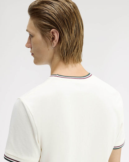 Fred Perry Mens Twin Tipped T-Shirt - Ecru/Oxblood/Grassroots 84A | CHO | Designer Mens Short Sleeve T-Shirts