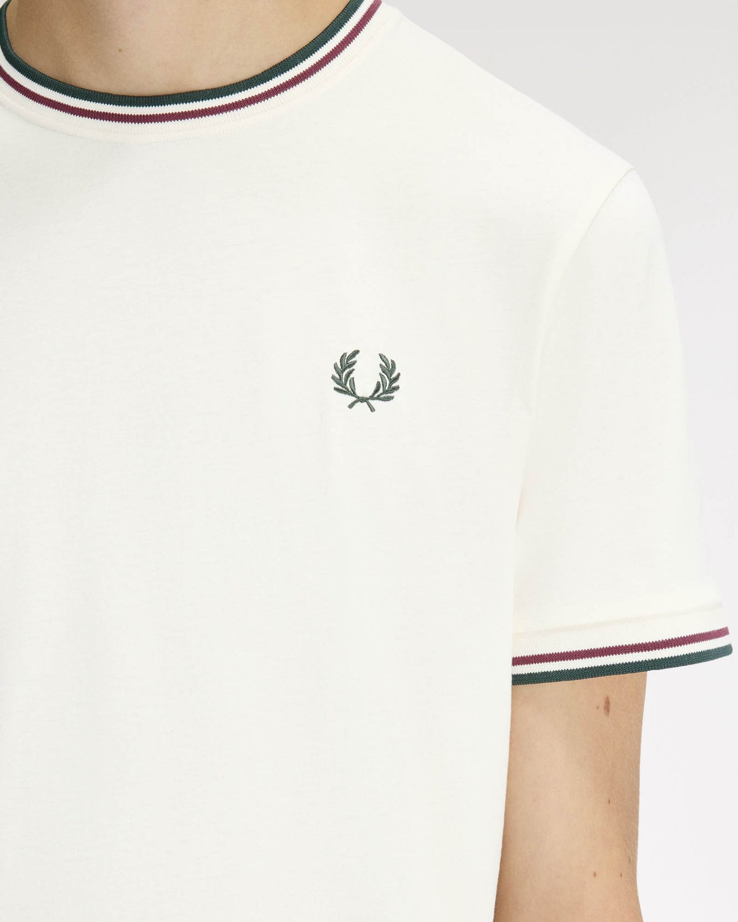 Fred Perry Mens Twin Tipped T-Shirt - Ecru/Oxblood/Grassroots 84A | CHO | Designer Mens Short Sleeve T-Shirts