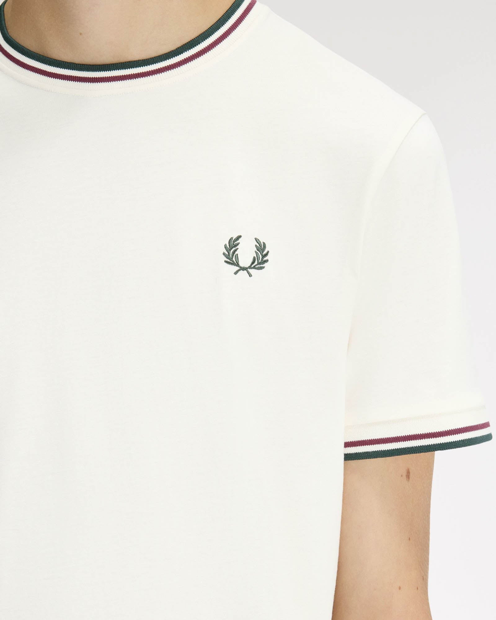 Fred Perry Mens Twin Tipped T-Shirt - Ecru/Oxblood/Grassroots 84A | CHO | Designer Mens Short Sleeve T-Shirts