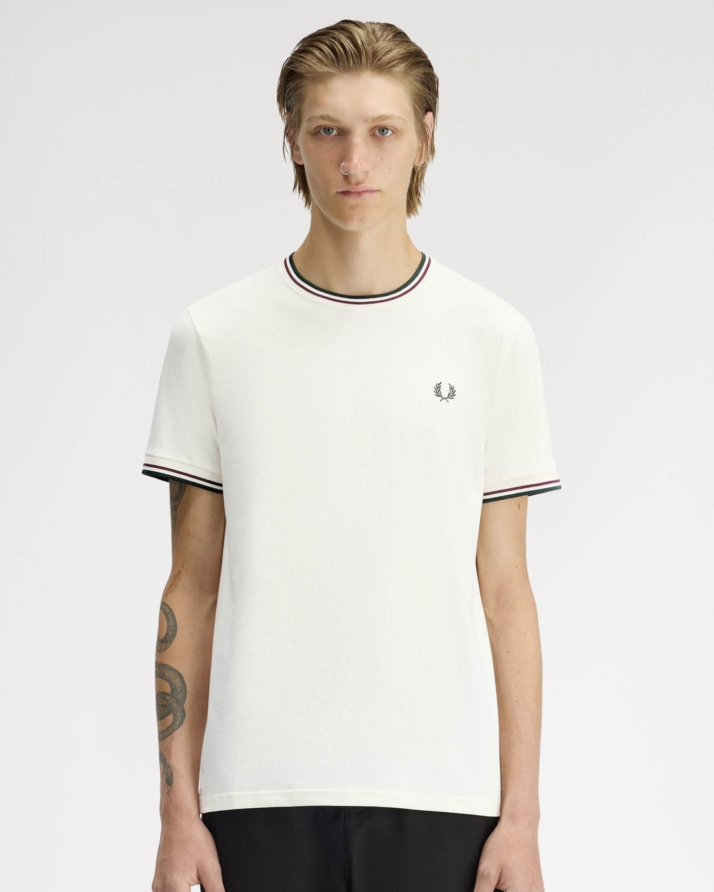 Fred Perry Mens Twin Tipped T-Shirt - Ecru/Oxblood/Grassroots 84A | CHO | Designer Mens Short Sleeve T-Shirts