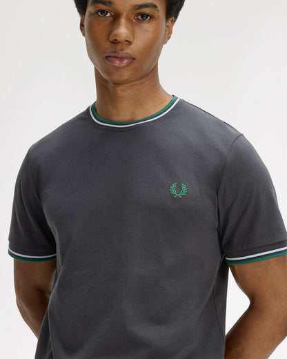 Fred Perry Mens Twin Tipped T - Shirt - Anchor Grey/Light Ice/Sport Green 85B | CHO | Designer Mens Short Sleeve T - Shirts & Tops