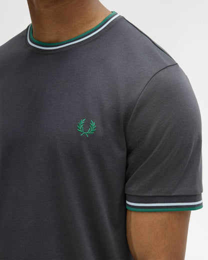Fred Perry Mens Twin Tipped T - Shirt - Anchor Grey/Light Ice/Sport Green 85B | CHO | Designer Mens Short Sleeve T - Shirts & Tops