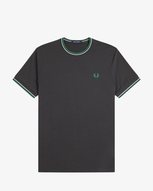 Fred Perry Mens Twin Tipped T-Shirt - Anchor Grey/Light Ice/Sport Green 85B | CHO | Designer Mens Short Sleeve T-Shirts & Tops
