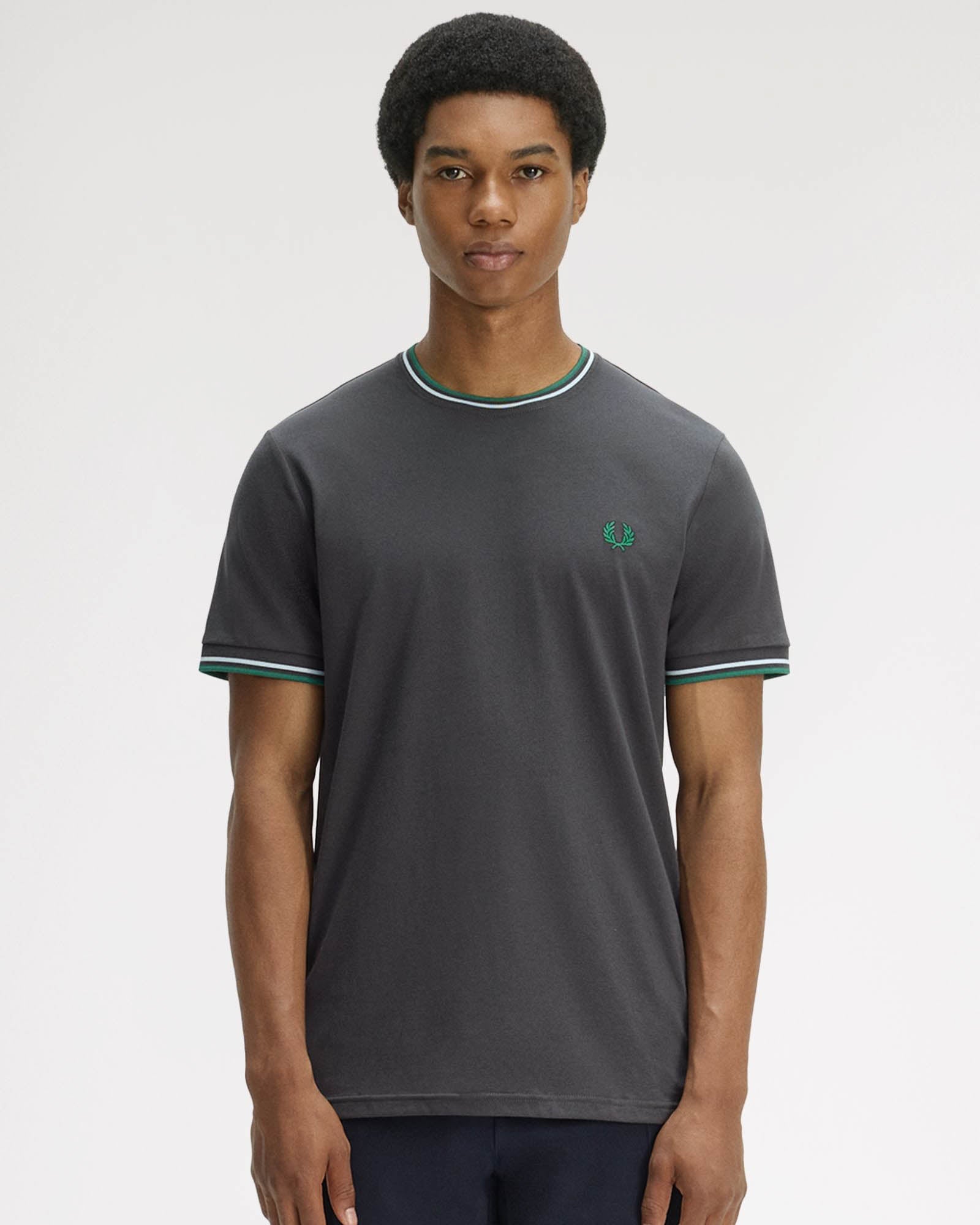 Fred Perry Mens Twin Tipped T - Shirt - Anchor Grey/Light Ice/Sport Green 85B | CHO | Designer Mens Short Sleeve T - Shirts & Tops - Anchor Grey/Light Ice/Sport Green 85B - M - 5063460205441