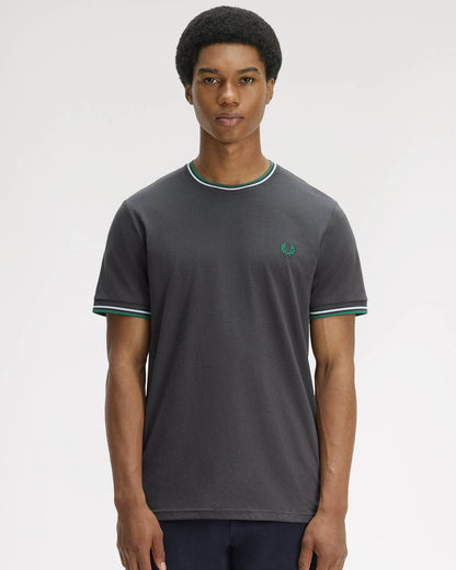 Fred Perry Mens Twin Tipped T - Shirt - Anchor Grey/Light Ice/Sport Green 85B | CHO | Designer Mens Short Sleeve T - Shirts & Tops - Anchor Grey/Light Ice/Sport Green 85B - M - 5063460205441