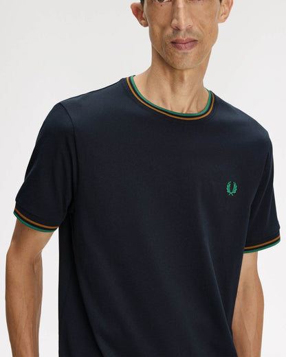 Fred Perry Mens Twin Tipped T - Shirt - Navy/Dark Caramel/Sport Green 86B | CHO | Designer Mens Short Sleeve T - Shirts & Tops