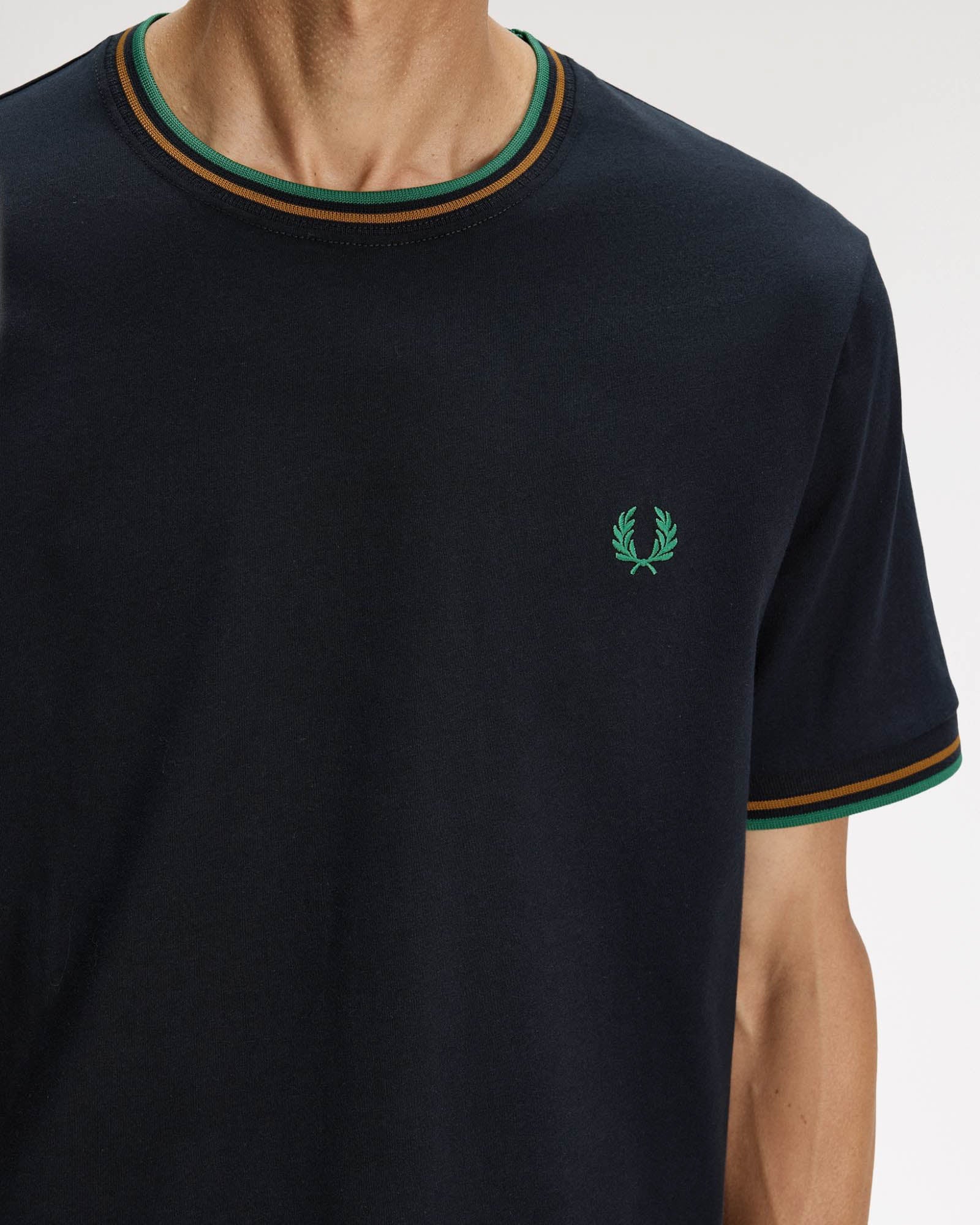 Fred Perry Mens Twin Tipped T - Shirt - Navy/Dark Caramel/Sport Green 86B | CHO | Designer Mens Short Sleeve T - Shirts & Tops