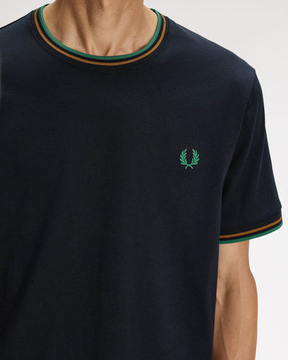 Fred Perry Mens Twin Tipped T - Shirt - Navy/Dark Caramel/Sport Green 86B | CHO | Designer Mens Short Sleeve T - Shirts & Tops