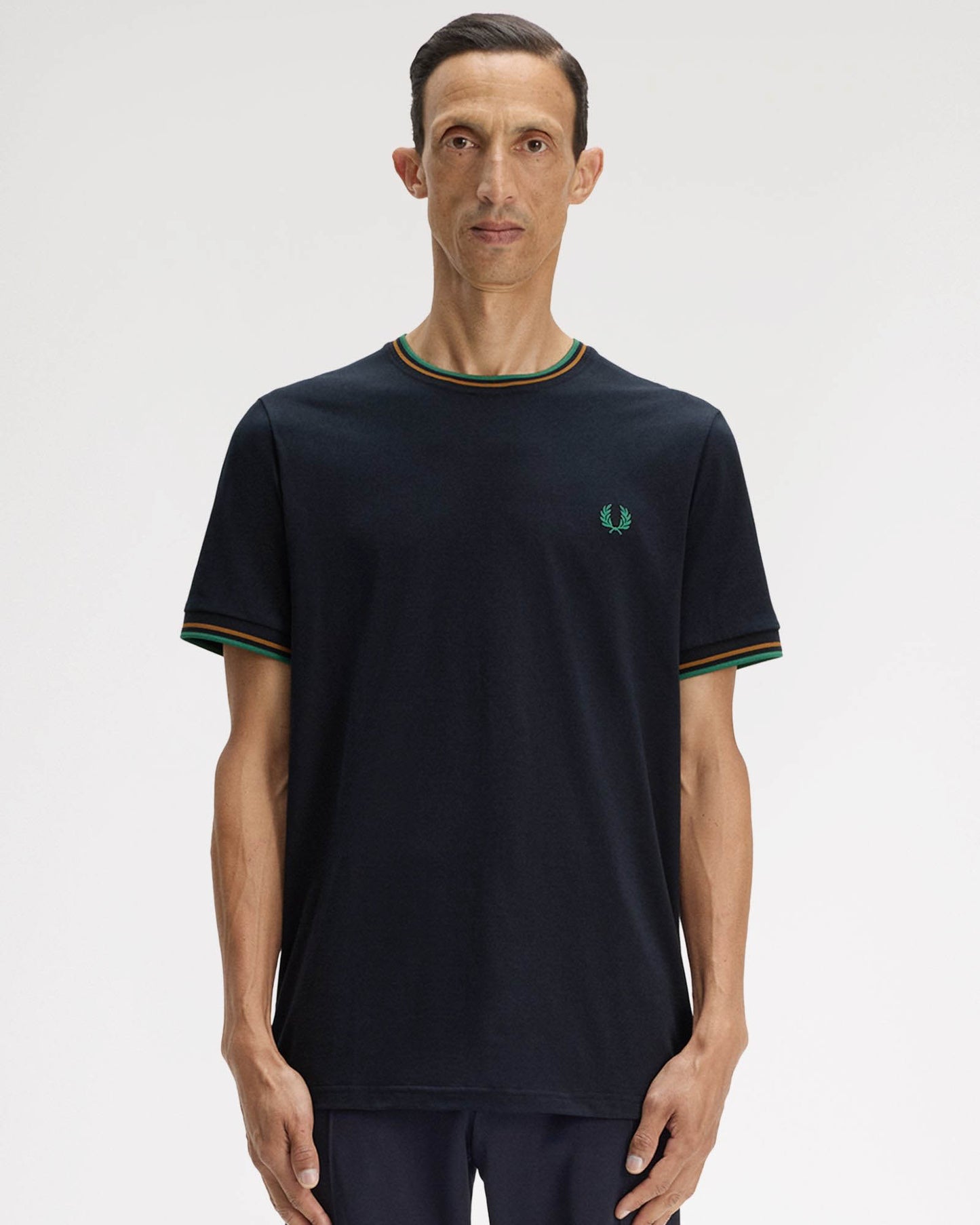 Fred Perry Mens Twin Tipped T - Shirt - Navy/Dark Caramel/Sport Green 86B | CHO | Designer Mens Short Sleeve T - Shirts & Tops - Navy/Dark Caramel/Sport Green 86B - M - 5063460205519