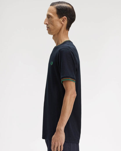 Fred Perry Mens Twin Tipped T - Shirt - Navy/Dark Caramel/Sport Green 86B | CHO | Designer Mens Short Sleeve T - Shirts & Tops