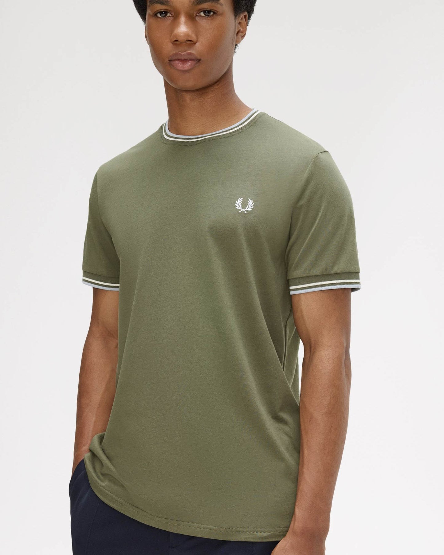 Fred Perry Mens Twin Tipped T-Shirt - Laurel Wreath Green/Ecru/Dusky Blue 87B | CHO | Designer Mens Short Sleeve T-Shirts & Tops