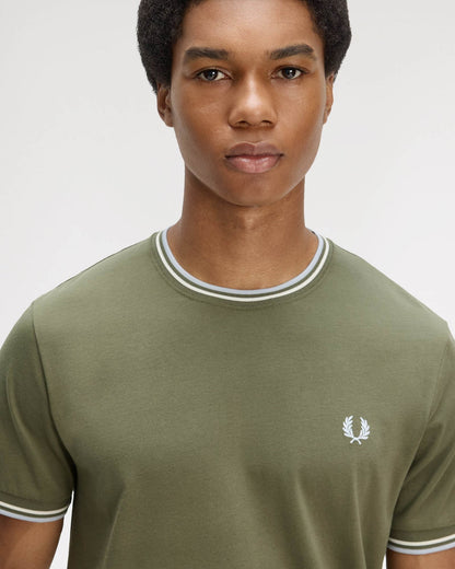 Fred Perry Mens Twin Tipped T-Shirt - Laurel Wreath Green/Ecru/Dusky Blue 87B | CHO | Designer Mens Short Sleeve T-Shirts & Tops