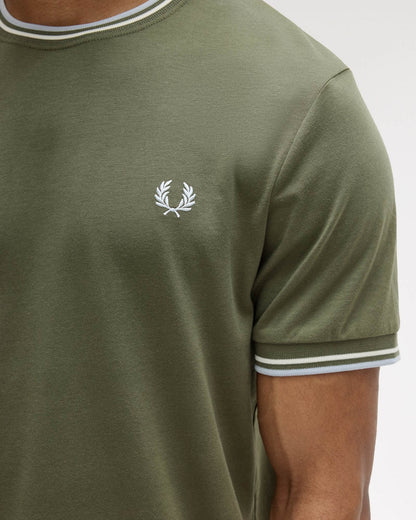 Fred Perry Mens Twin Tipped T-Shirt - Laurel Wreath Green/Ecru/Dusky Blue 87B | CHO | Designer Mens Short Sleeve T-Shirts & Tops
