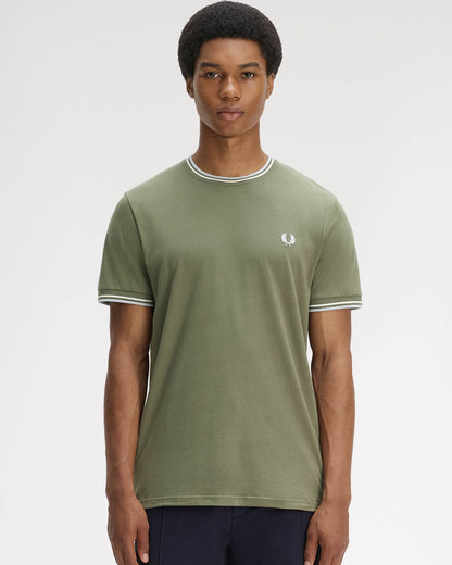 Fred Perry Mens Twin Tipped T-Shirt - Laurel Wreath Green/Ecru/Dusky Blue 87B | CHO | Designer Mens Short Sleeve T-Shirts & Tops