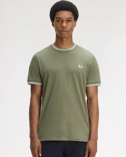 Fred Perry Mens Twin Tipped T-Shirt - Laurel Wreath Green/Ecru/Dusky Blue 87B | CHO | Designer Mens Short Sleeve T-Shirts & Tops