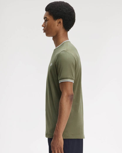 Fred Perry Mens Twin Tipped T-Shirt - Laurel Wreath Green/Ecru/Dusky Blue 87B | CHO | Designer Mens Short Sleeve T-Shirts & Tops