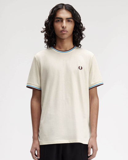 Fred Perry Mens Twin Tipped T-Shirt - Ecru/Court Blue/Oxblood Z46
