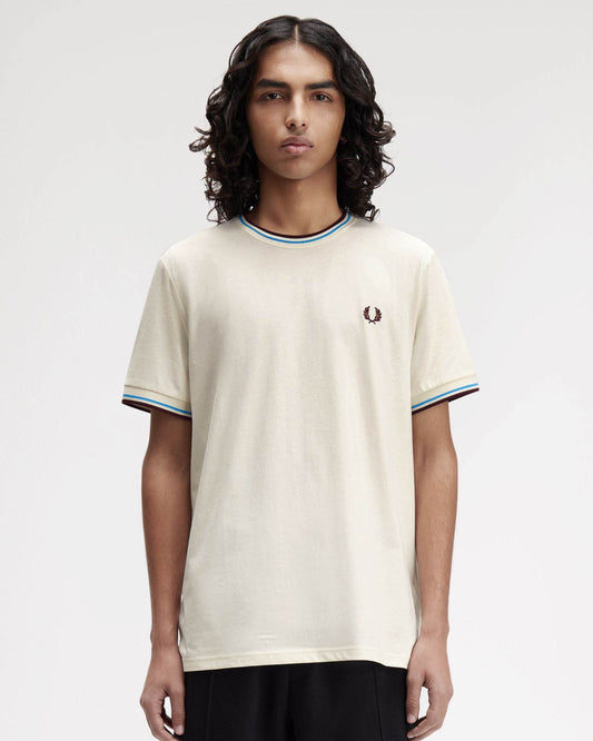 Fred Perry Mens Twin Tipped T-Shirt - Ecru/Court Blue/Oxblood Z46