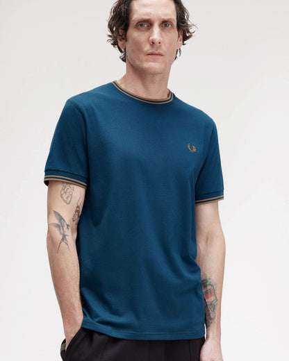 Fred Perry Mens Twin Tipped T-Shirt - Dark Petrol/Shaded Stone Z48