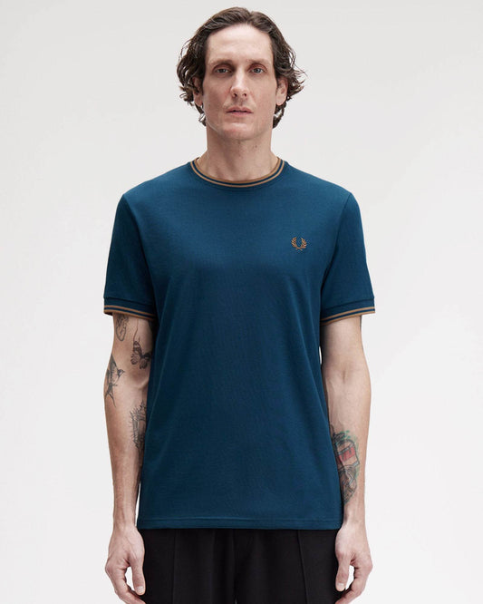 Fred Perry Mens Twin Tipped T-Shirt - Dark Petrol/Shaded Stone Z48