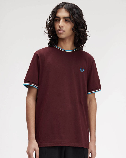 Fred Perry Mens Twin Tipped T-Shirt - Oxblood/Ecru/Court Blue Z63