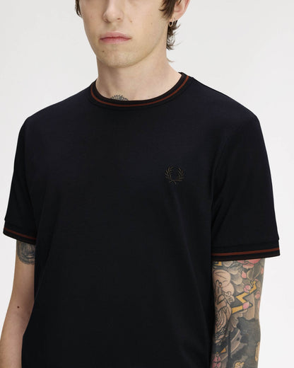 Fred Perry Mens Twin Tipped T-Shirt - Navy/Burgundy/Rich brown 75C