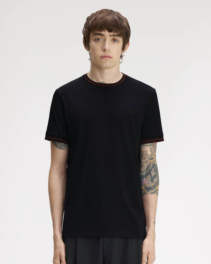 Fred Perry Mens Twin Tipped T-Shirt - Navy/Burgundy/Rich brown 75C front
